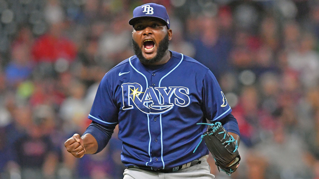 CLEVELAND, OHIO - JULY 22: Closing pitcher Diego Castillo #63 of the Tampa Bay Rays reacts after the last strike to defeat the Cleveland Indians at Progressive Field on July 22, 2021 in Cleveland, Ohio. The Tampa Bay Rays defeated the Indians 5-4 in 10 innings.
