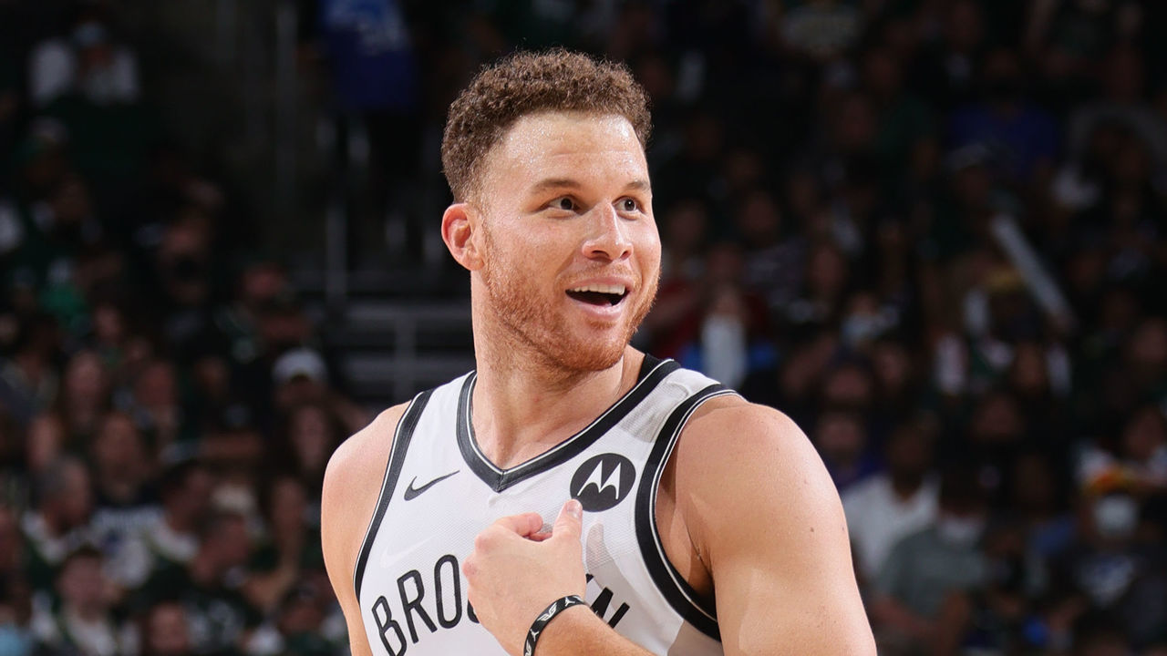 MILWAUKEE, WI - JUNE 10: Blake Griffin #2 of the Brooklyn Nets smiles during Round 2, Game 3 of the 2021 NBA Playoffs on June 10, 2021 at the Fiserv Forum Center in Milwaukee, Wisconsin. Mandatory Copyright Notice: Copyright 2021 NBAE .