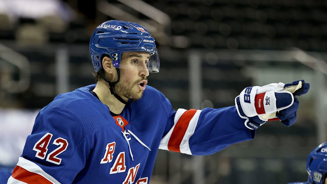 NEW YORK, NEW YORK - FEBRUARY 16: Brendan Smith #42 of the New York Rangers directs his teammates in the second quarter against the New Jersey Devils at Madison Square Garden on February 16, 2021 in New York City.