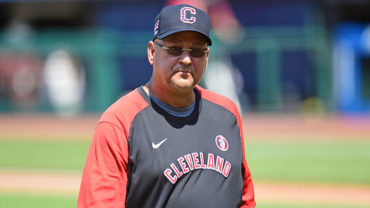 CLEVELAND, OH - JULY 04, 2021: Manager Terry Francona of the Cleveland Indians walks to the dugout after a pitching change in the seventh inning against the Houston Astros at Progressive Field on July 4, 2021 in Cleveland, Ohio.