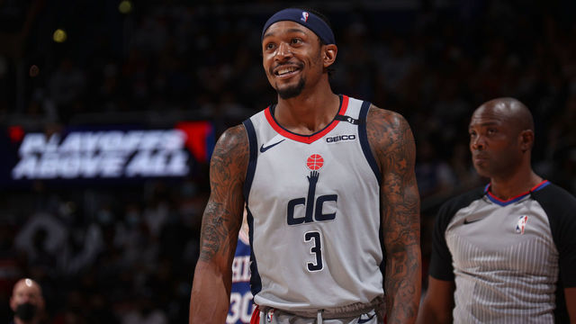 WASHINGTON, DC - MAY 31: Bradley Beal #3 of the Washington Wizards smiles during the game against the Philadelphia 76ers during Round 1, Game 4 of the 2021 NBA Playoffs on May 31, 2021 at Capital One Arena in Washington, DC. Mandatory Copyright Notice: Copyright 2021 NBAE