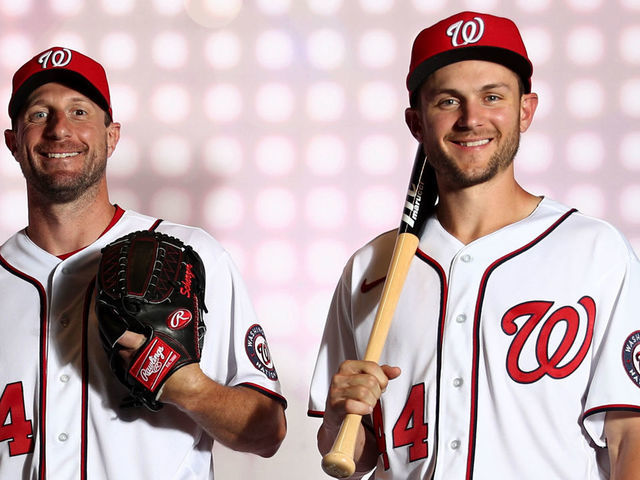 DENVER, CO - JULY 12: Juan Soto #22, Kyle Schwarber #12, Max Scherzer #31, and Trea Turner #7 of the Washington Nationals pose during the 2021 All-Star Portraits at Coors Field on Monday, July 12, 2021 in Denver, Colorado.