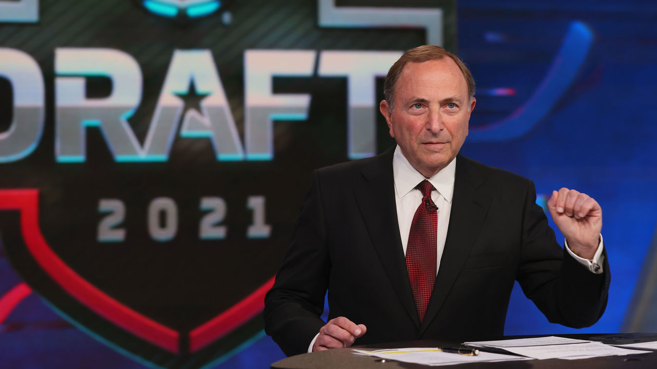 SECAUCUS, NEW JERSEY - JULY 23: NHL commissioner Gary Bettman opens the first round of the 2021 NHL Entry Draft at the NHL Network studios on July 23, 2021 in Secaucus, New Jersey.