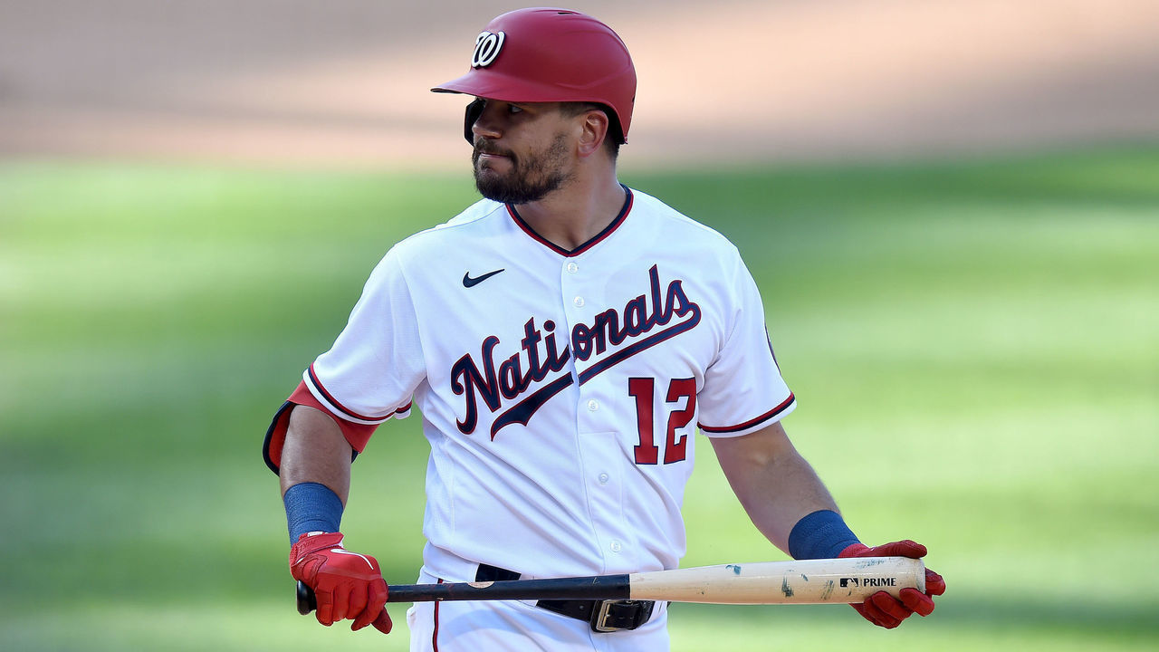 WASHINGTON, DC - JUNE 30: Kyle Schwarber #12 of the Washington Nationals reacts after striking out in the fifth inning against the Tampa Bay Rays at Nationals Park on June 30, 2021 in Washington, DC.