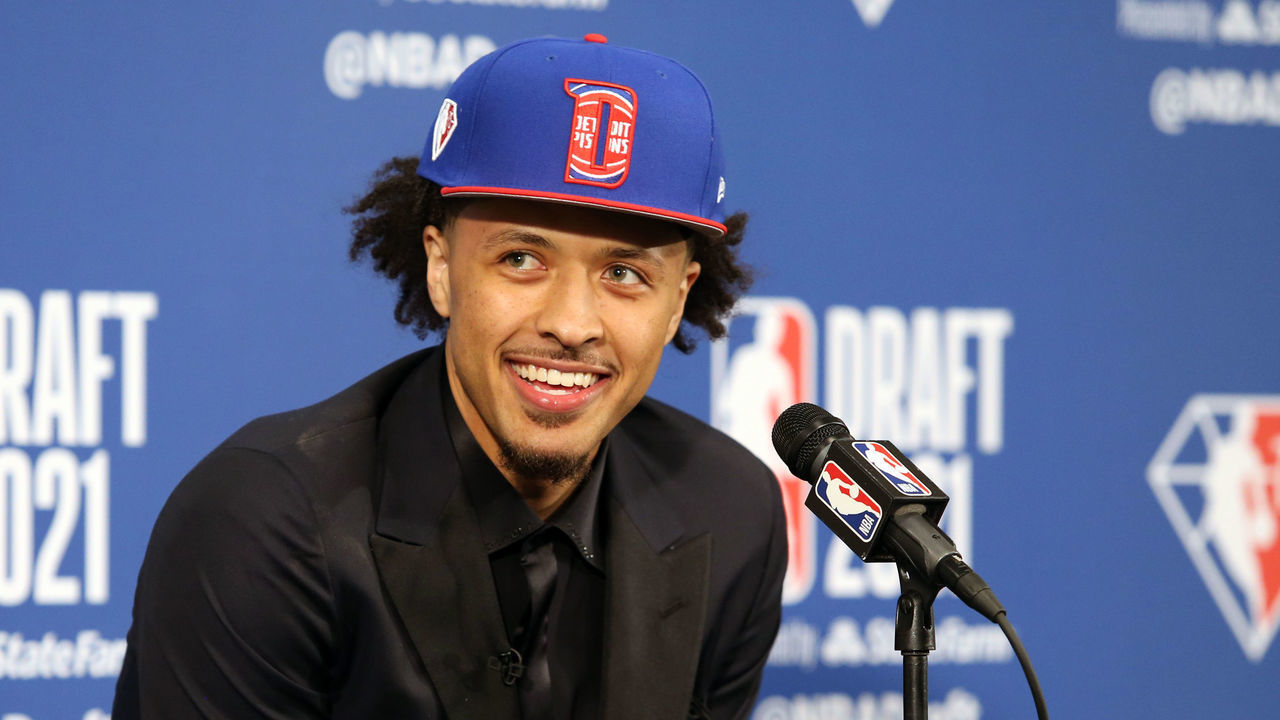 BROOKLYN, NY - JULY 29: Cade Cunningham is interviewed after being drafted by the Detroit Pistons during the 2021 NBA Draft on July 29, 2021 at Barclays Center in Brooklyn, New York. Mandatory Copyright Notice: Copyright 2021 NBAE