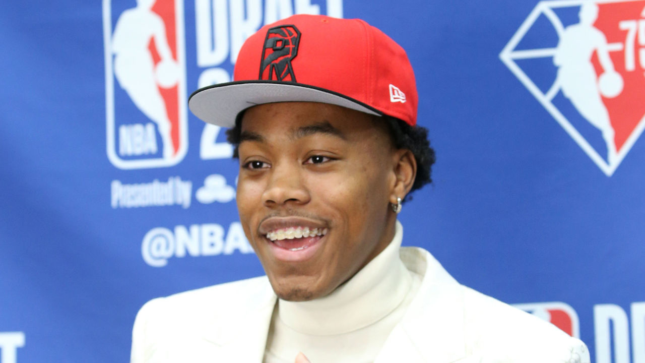 BROOKLYN, NY - JULY 29: Scottie Barnes is interviewed after being selected by the Toronto Raptors during the 2021 NBA Draft on July 29, 2021 at Barclays Center in Brooklyn, New York. Mandatory Copyright Notice: Copyright 2021 NBAE