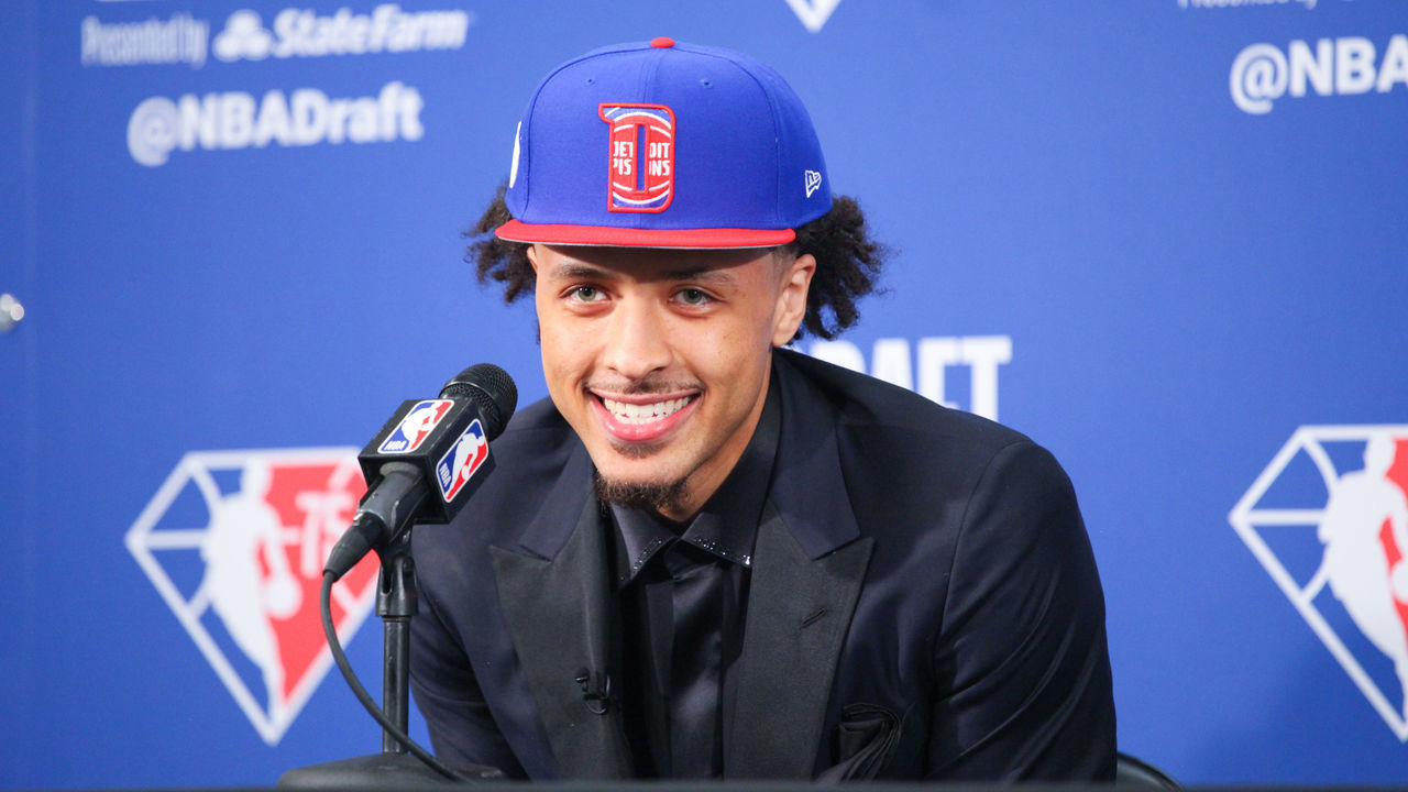 BROOKLYN, NY - JULY 29: Cade Cunningham talks to the media after being drafted first overall by the Detroit Pistons during the 2021 NBA Draft on July 29, 2021 at Barclays Center in Brooklyn, New York. Mandatory Copyright Notice: Copyright 2021 NBAE