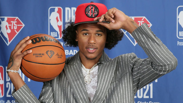 BROOKLYN, NY - JULY 29: Jalen Green poses for a portrait after being drafted by the Houston Rockets during the 2021 NBA Draft on July 29, 2021 at Barclays Center in Brooklyn, New York. Mandatory Copyright Notice: Copyright 2021 NBAE