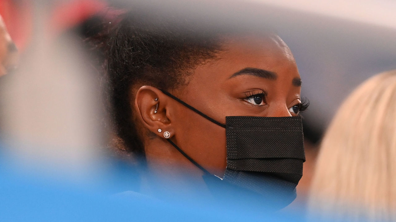 TOKYO, JAPAN - JULY 29: Simone Biles of Team United States attends as Sunisa Lee (not seen) of Team US competes during the artistic gymnastics women's all-around finall at the Tokyo 2020 Olympic Games at Tokyo Aquatics Centre in Tokyo, Japan on July 29, 2021.