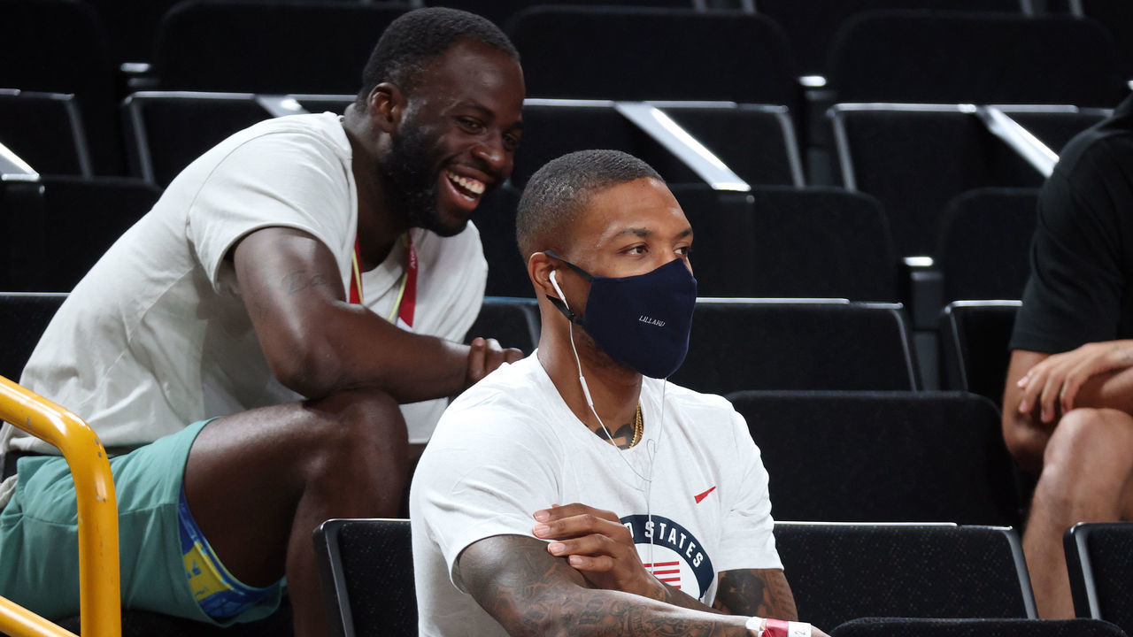 SAITAMA, JAPAN - JULY 30: Damian Lillard #6 of the United States Men's Basketball team looks on during the first half of a Women's Basketball Preliminary Round Group B game between United States and Japan on day seven of the Tokyo 2020 Olympic Games at Saitama Super Arena on July 30, 2021 in Saitama, Japan.