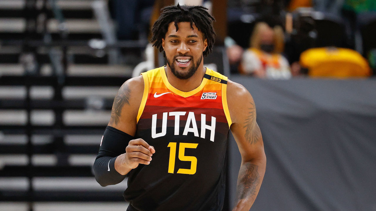 SALT LAKE CITY, UT - MAY 26: Derrick Favors #15 of the Utah Jazz smiles during the game against the Memphis Grizzlies during Round 1, Game 2 of the 2021 NBA Playoffs on May 26, 2021 at vivint.SmartHome Arena in Salt Lake City, Utah. Mandatory Copyright Notice: Copyright 2021 NBAE