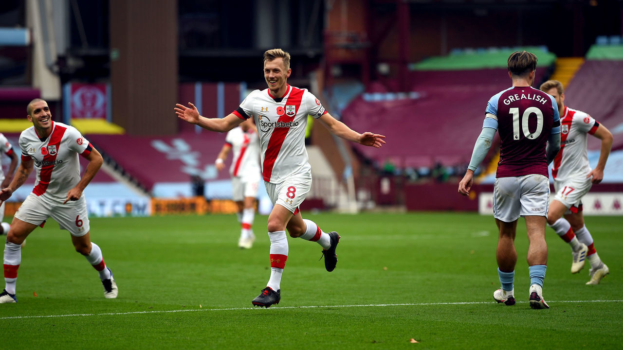 Southampton's James Ward-Prowse celebrates scoring his side's third goal of the game during the Premier League match at Villa Park, Birmingham