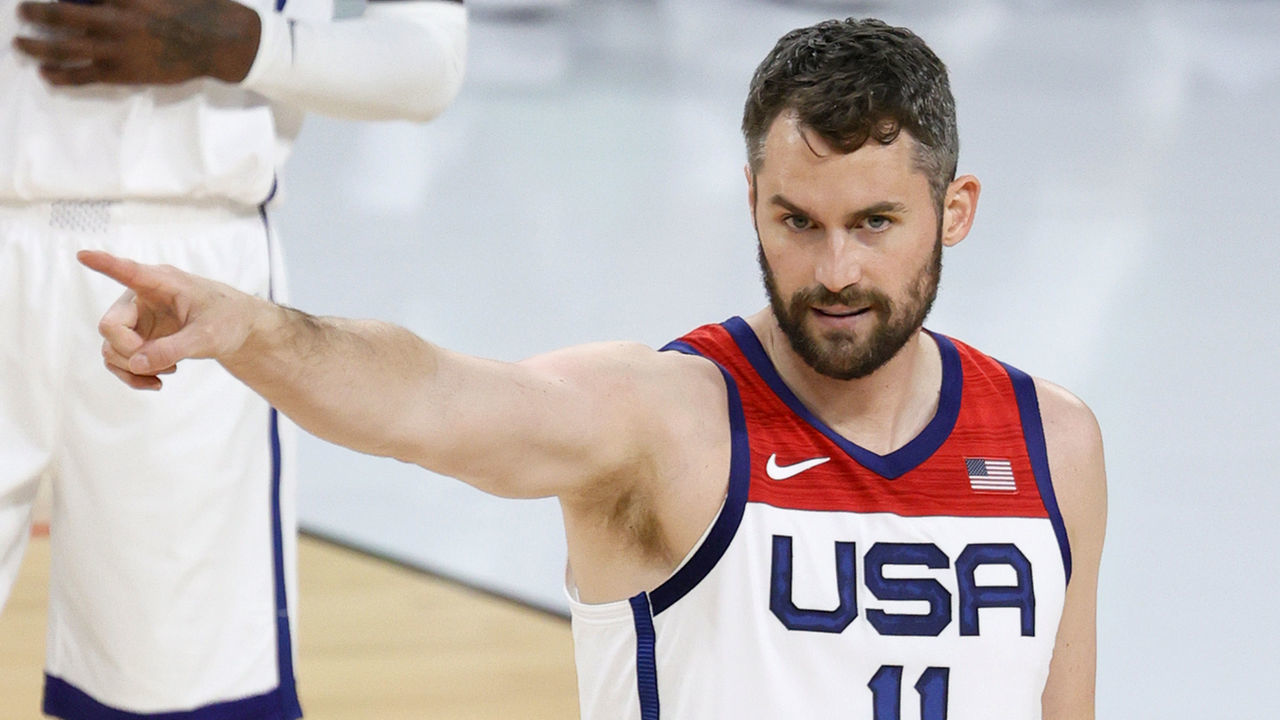 LAS VEGAS, NEVADA - JULY 10: Kevin Love #11 of the United States reacts after getting called for a foul during an exhibition game against Nigeria at Michelob ULTRA Arena ahead of the Tokyo Olympic Games on July 10, 2021 in Las Vegas, Nevada. Nigeria defeated the United States 90-87.