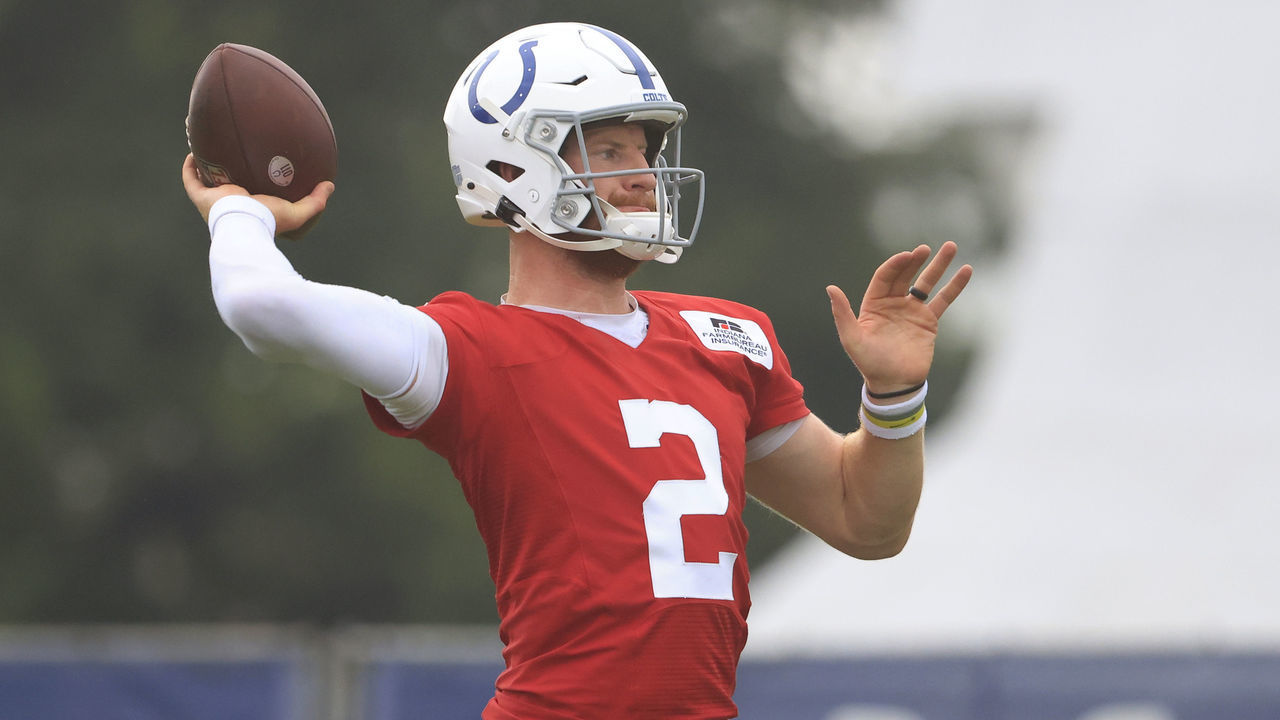 WESTFIELD, INDIANA - JULY 29: Carson Wentz #2 of the Indianapolis Colts throws a pass during the Indianapolis Colts Training Camp at Grand Park on July 29, 2021 in Westfield, Indiana.