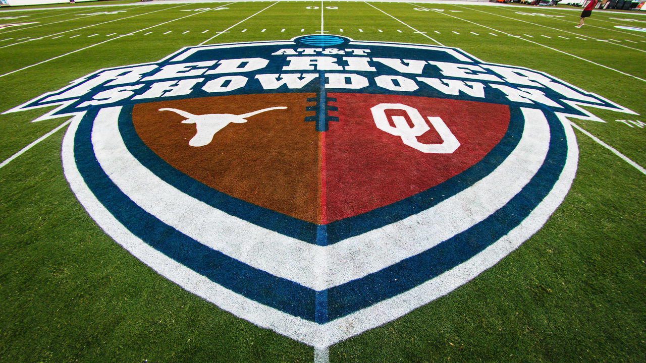 DALLAS, TX - OCTOBER 12: Center logo of Cotton Bowl field prior to the Big 12 Red River Showdown game between the Texas Longhorns and the Oklahoma Sooners on October 12, 2019 at Cotton Bowl Stadium in Dallas, Texas.