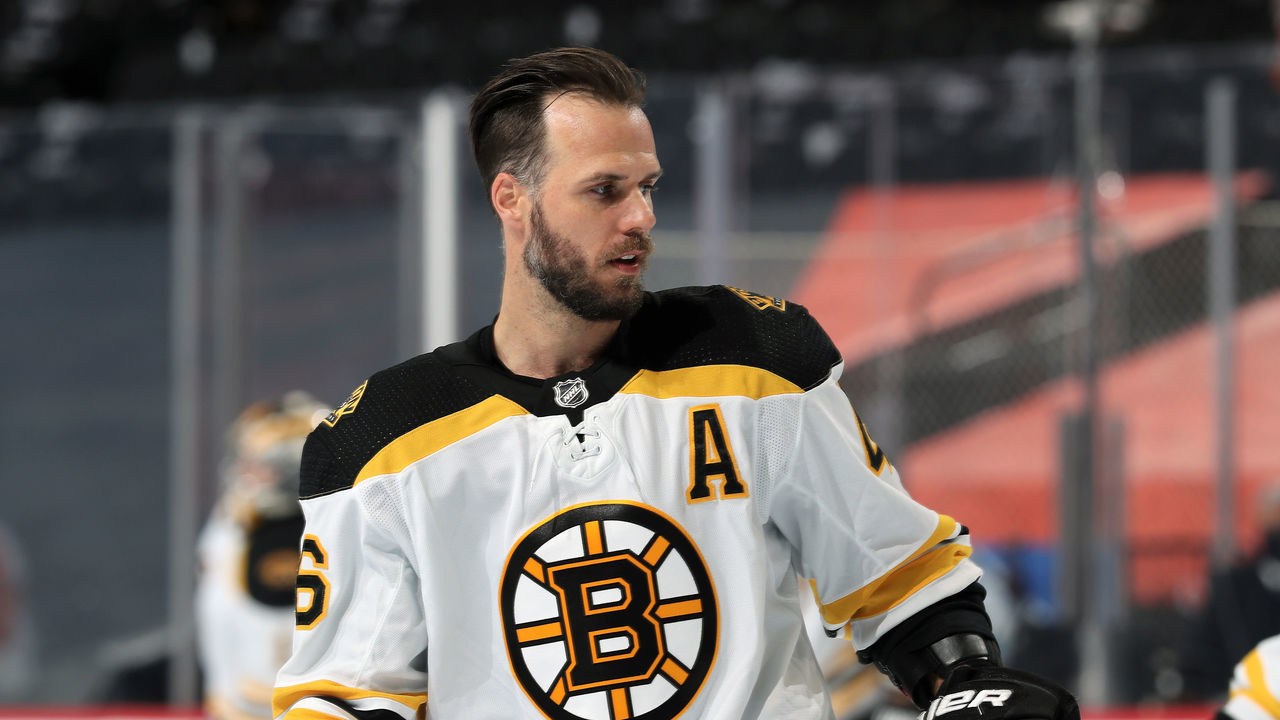 PHILADELPHIA, PA - APRIL 06: David Krejci #46 of the Boston Bruins looks on during warm-ups prior to his game against the Philadelphia Flyers at the Wells Fargo Center on April 6, 2021 in Philadelphia, Pennsylvania.