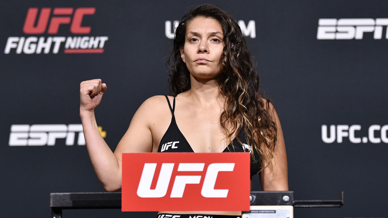 LAS VEGAS, NEVADA - JULY 30: Nicco Montano poses on the scale during the UFC Fight Night weigh-in at UFC APEX on July 30, 2021 in Las Vegas, Nevada.