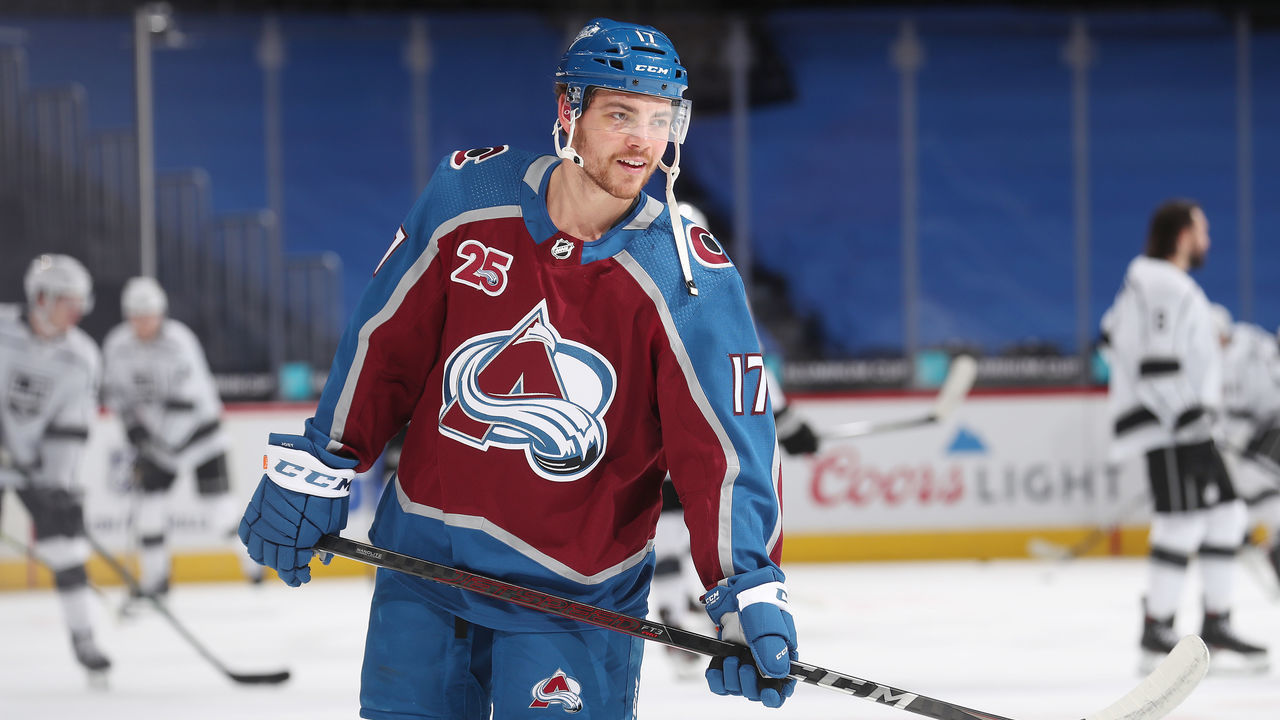DENVER, COLORADO - MARCH 14: Tyson Jost #17 of the Colorado Avalanche skates during warm ups prior to the game against the Los Angeles Kings at Ball Arena on March 14, 2021 in Denver, Colorado.