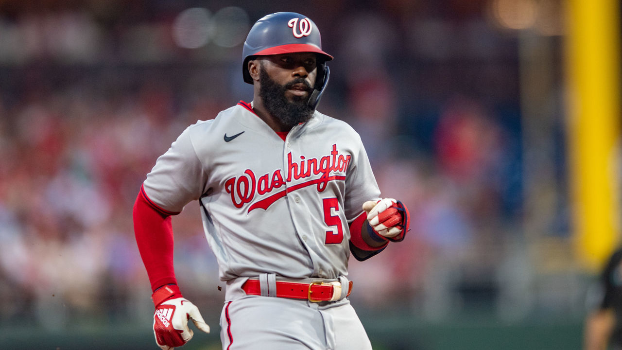 PHILADELPHIA, PA - JULY 26: Washington Nationals second baseman Josh Harrison (5) runs to third base during the Major League Baseball game between the Washington Nationals and Philadelphia Phillies on July 26, 2021 at Citizens Bank Park in Philadelphia, PA