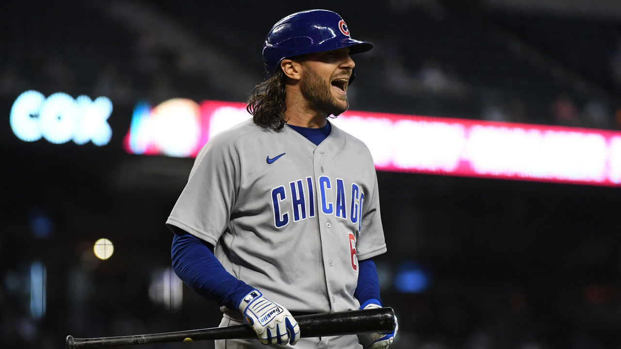 PHOENIX, ARIZONA - JULY 17: Jake Marisnick #6 of the Chicago Cubs reacts after striking out against the Arizona Diamondbacks during the seventh inning at Chase Field on July 17, 2021 in Phoenix, Arizona.