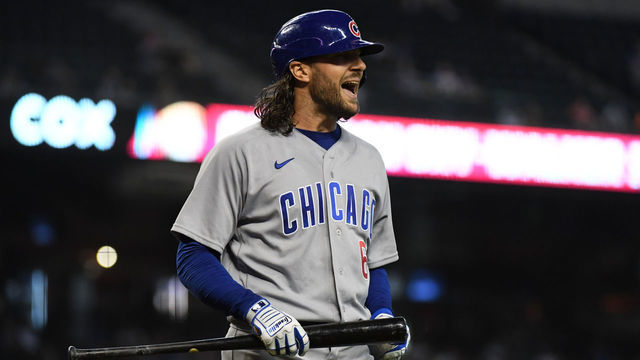 PHOENIX, ARIZONA - JULY 17: Jake Marisnick #6 of the Chicago Cubs reacts after striking out against the Arizona Diamondbacks during the seventh inning at Chase Field on July 17, 2021 in Phoenix, Arizona.