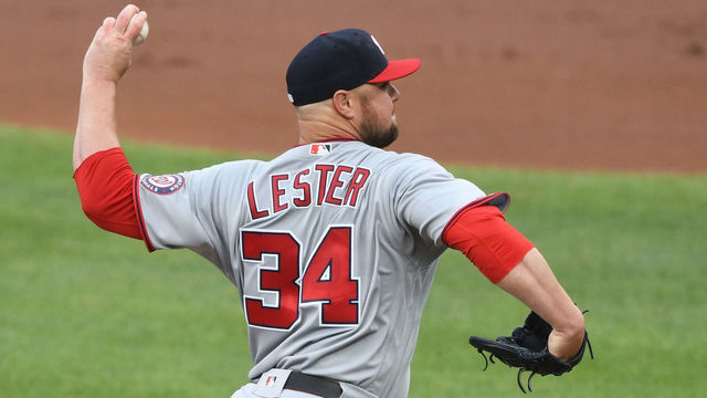 BALTIMORE, MD - JULY 24: Jon Lester #34 of the Washington Nationals pitches during a baseball game against the Baltimore Orioles at Oriole Park at Camden Yards on July 24, 2021 in Baltimore, Maryland.