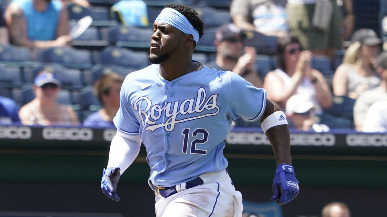 KANSAS CITY, MISSOURI - JULY 29: Jorge Soler #12 of the Kansas City Royals runs home to score on a Hunter Dozier sacrifice fly in the fifth inning against the Chicago White Sox at Kauffman Stadium on July 29, 2021 in Kansas City, Missouri.
