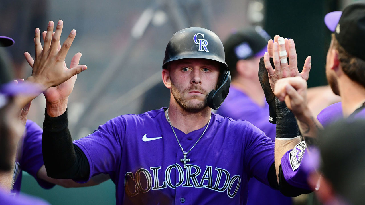 ANAHEIM, CA - JULY 27: Colorado Rockies shortstop Trevor Story (27) in the dugout after scoring on a Rockies hit the third inning of a game against the Los Angeles Angels played on July 27, 2021 at Angel Stadium in Anaheim, CA.