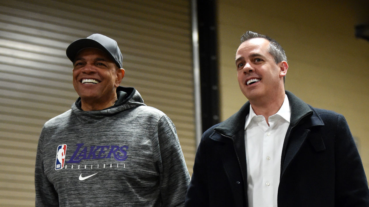 PHILADELPHIA, PA - JANUARY 25: Assistant Coach Lionel Hollins and Head Coach Frank Vogel of the Los Angeles Lakers arrive prior to a game between the Los Angeles Lakers and the Philadelphia 76ers on January 25, 2020 at the Wells Fargo Center in Philadelphia, Pennsylvania NOTE TO USER: User expressly acknowledges and agrees that, by downloading and/or using this Photograph, user is consenting to the terms and conditions of the Getty Images License Agreement. Mandatory Copyright Notice: Copyright 2020 NBAE