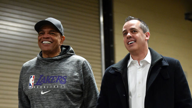 PHILADELPHIA, PA - JANUARY 25: Assistant Coach Lionel Hollins and Head Coach Frank Vogel of the Los Angeles Lakers arrive prior to a game between the Los Angeles Lakers and the Philadelphia 76ers on January 25, 2020 at the Wells Fargo Center in Philadelphia, Pennsylvania NOTE TO USER: User expressly acknowledges and agrees that, by downloading and/or using this Photograph, user is consenting to the terms and conditions of the Getty Images License Agreement. Mandatory Copyright Notice: Copyright 2020 NBAE