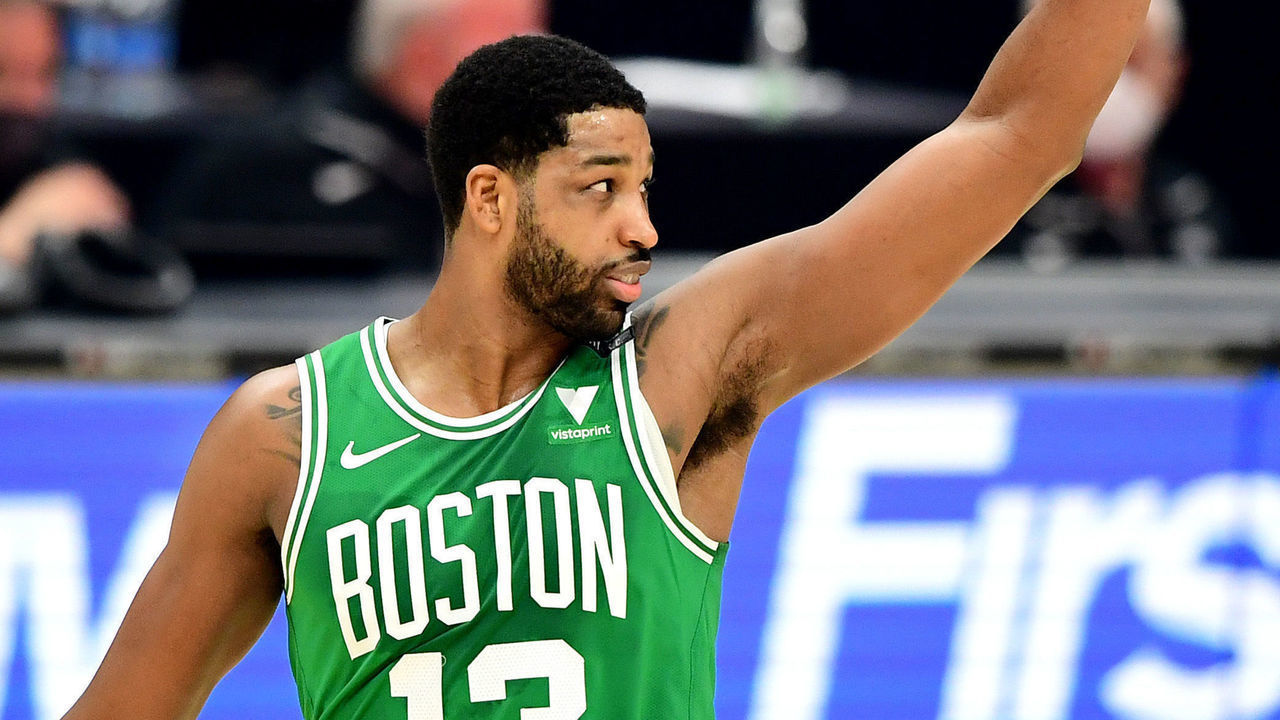 CLEVELAND, OHIO - MAY 12: Tristan Thompson #13 of the Boston Celtics acknowleges the crowd as he walks onto the court during the first quarter of their game against the Cleveland Cavaliers at Rocket Mortgage Fieldhouse on May 12, 2021 in Cleveland, Ohio.