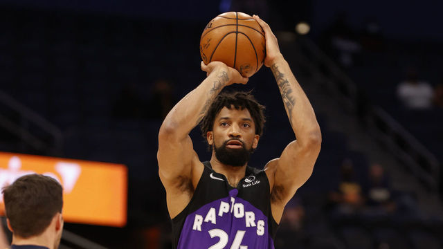TAMPA, FL- MAY 16: Khem Birch #24 of the Toronto Raptors shoots a three point basket during the game against the Indiana Pacers on May 16, 2021 at Amalie Arena in Tampa, Florida. Mandatory Copyright Notice: Copyright 2021 NBAE