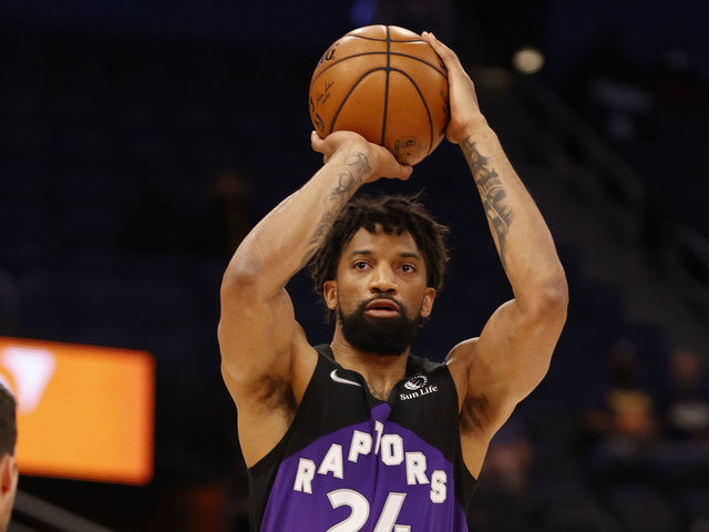 TAMPA, FL- MAY 16: Khem Birch #24 of the Toronto Raptors shoots a three point basket during the game against the Indiana Pacers on May 16, 2021 at Amalie Arena in Tampa, Florida. Mandatory Copyright Notice: Copyright 2021 NBAE