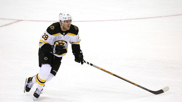 NEWARK, NEW JERSEY - JANUARY 14: Ondrej Kase #28 of the Boston Bruins takes the puck against the New Jersey Devils during the home opening game at Prudential Center on January 14, 2021 in Newark, New Jersey. The Boston Bruins defeated the New Jersey Devils 3-2 in a shootout.