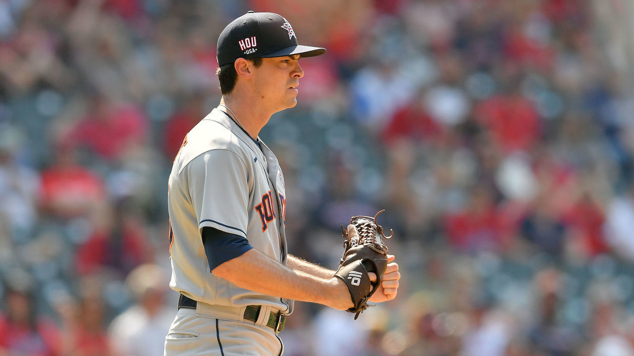 CLEVELAND, OHIO - JULY 04: Closing pitcher Brooks Raley #58 of the Houston Astros celebrates after the final out against the Cleveland Indians at Progressive Field on July 04, 2021 in Cleveland, Ohio. The Astros defeated the Indians 4-3 in 10 innings.