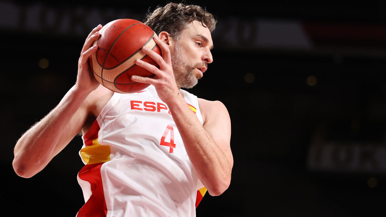 SAITAMA, JAPAN - JULY 29: Pau Gasol #4 of Team Spain pulls down a rebound against Argentina during the second half of a Men's Preliminary Round Group C game on day six of the Tokyo 2020 Olympic Games at Saitama Super Arena on July 29, 2021 in Saitama, Japan.