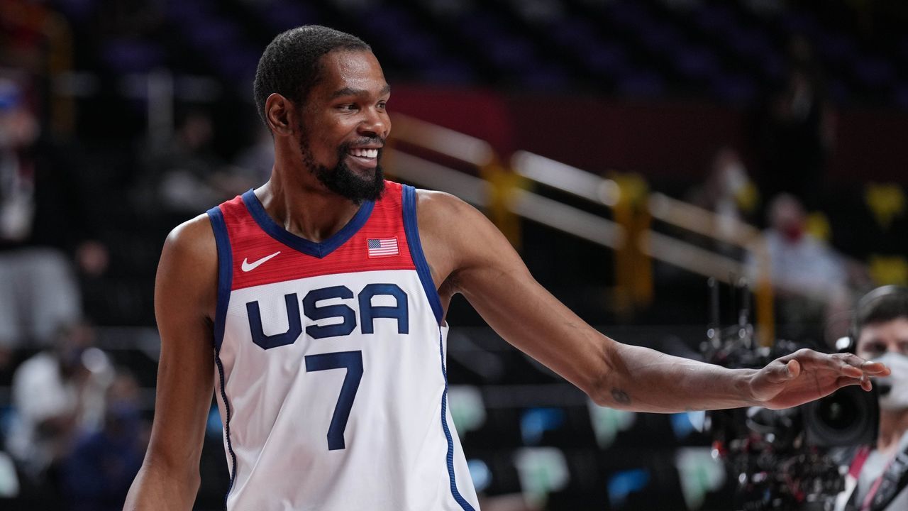 Kevin Durant of the United States reacts during the men's preliminary round match of basketball between the United States and Iran at Tokyo 2020 Olympic Games in Saitama, Japan, July 28, 2021.