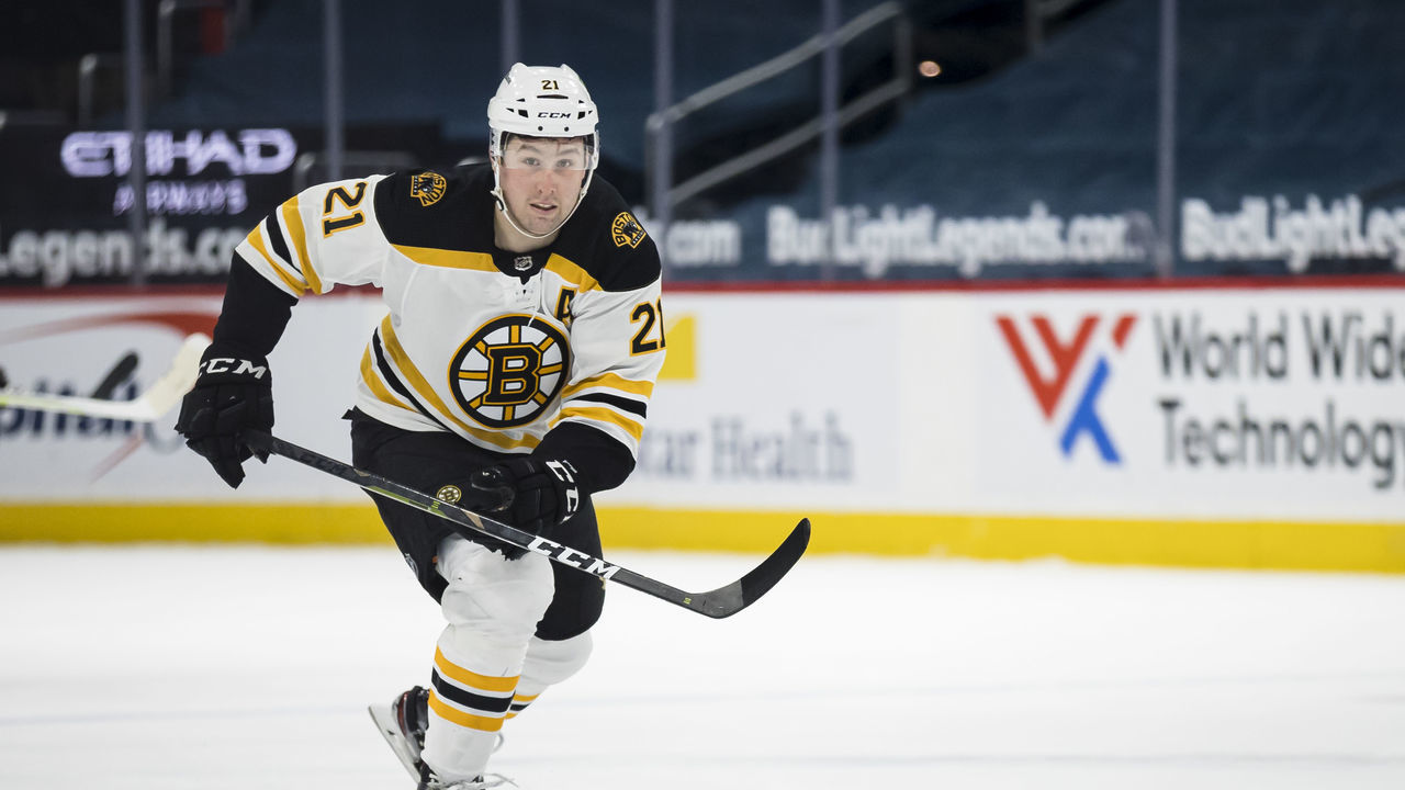 WASHINGTON, DC - MAY 11: Nick Ritchie #21 of the Boston Bruins skates against the Washington Capitals during the first period of the game at Capital One Arena on May 11, 2021 in Washington, DC.
