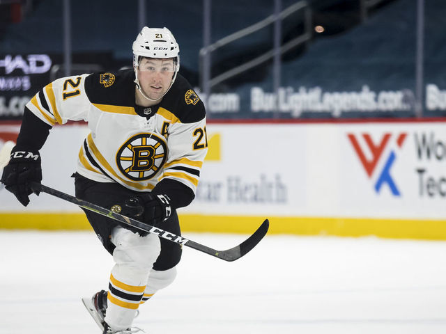 WASHINGTON, DC - MAY 11: Nick Ritchie #21 of the Boston Bruins skates against the Washington Capitals during the first period of the game at Capital One Arena on May 11, 2021 in Washington, DC.