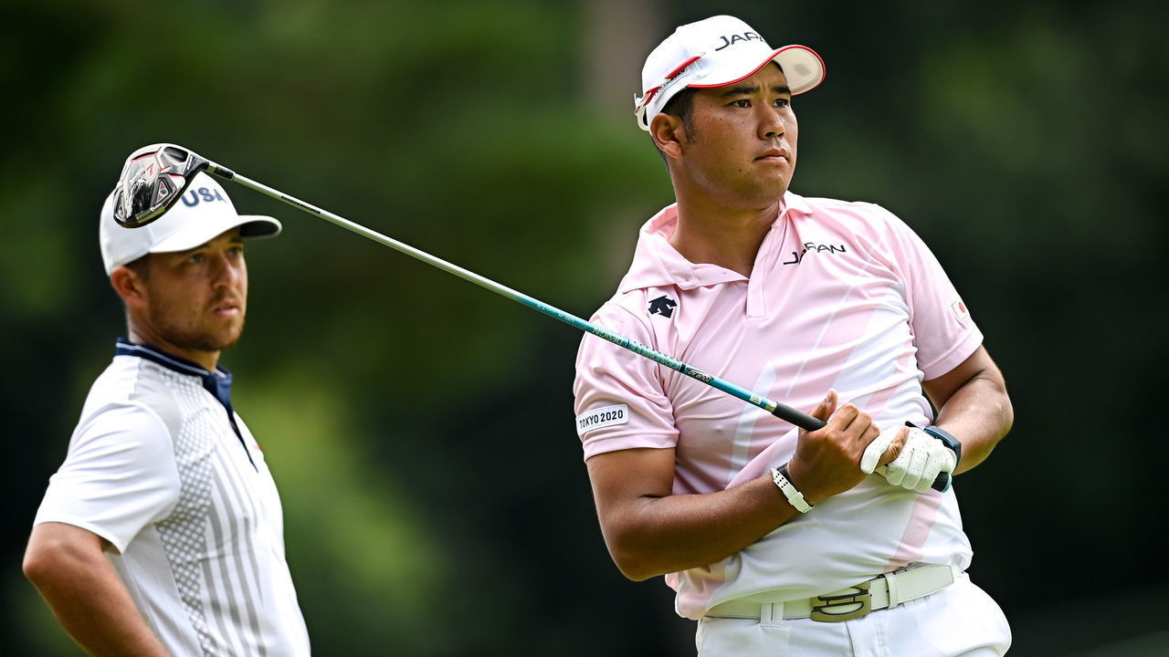 Saitama , Japan - 31 July 2021; Hideki Matsuyama of Japan, right, and Xander Schauffele of USA on the sixth tee box during round 3 of the men's individual stroke play at the Kasumigaseki Country Club during the 2020 Tokyo Summer Olympic Games in Kawagoe, Saitama, Japan.