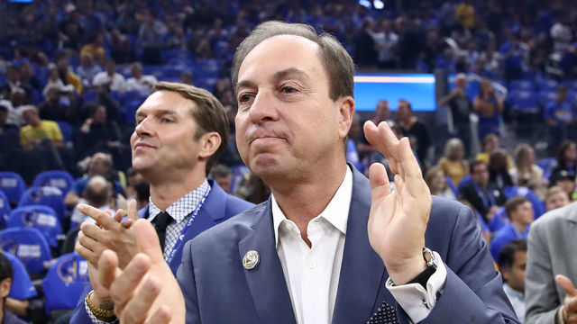 SAN FRANCISCO, CALIFORNIA - OCTOBER 24: (L-R) Golden State Warriors owners Joe Lacob and Peter Guber stand with team president and COO Rick Welts before their game against the LA Clippers at Chase Center on October 24, 2019 in San Francisco, California.