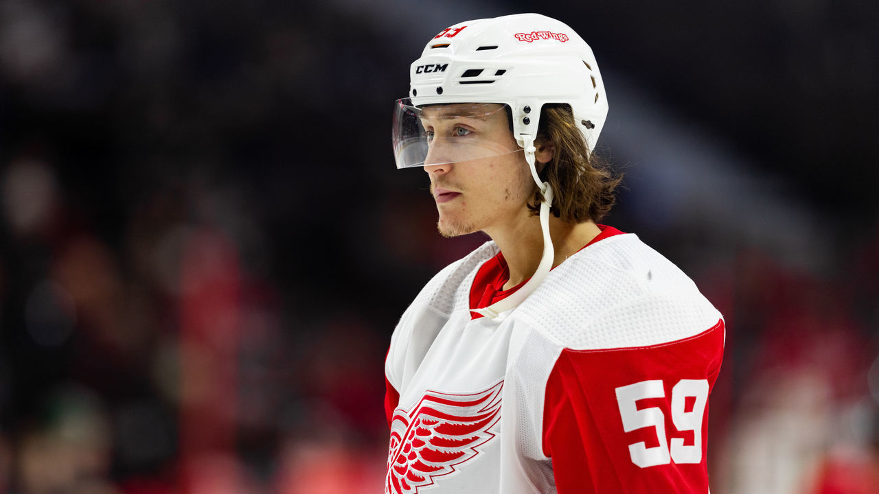 OTTAWA, ON - FEBRUARY 29: Detroit Red Wings Right Wing Tyler Bertuzzi (59) during warm-up before National Hockey League action between the Detroit Red Wings and Ottawa Senators on February 29, 2020, at Canadian Tire Centre in Ottawa, ON, Canada.