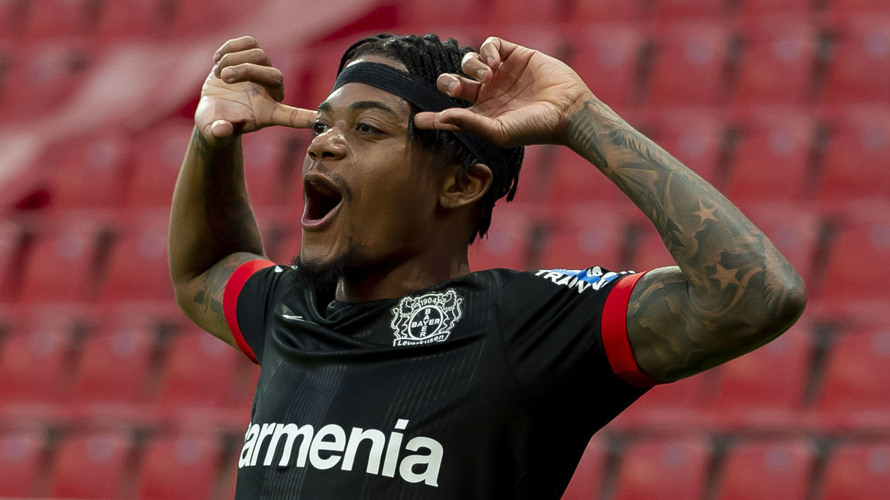 LEVERKUSEN, GERMANY - APRIL 24: (BILD ZEITUNG OUT) Leon Bailey of Bayer 04 Leverkusen celebrates after scoring his team's first goal during the Bundesliga match between Bayer 04 Leverkusen and Eintracht Frankfurt at BayArena on April 24, 2021 in Leverkusen, Germany. Sporting stadiums around Germany remain under strict restrictions due to the Coronavirus Pandemic as Government social distancing laws prohibit fans inside venues resulting in games being played behind closed doors.