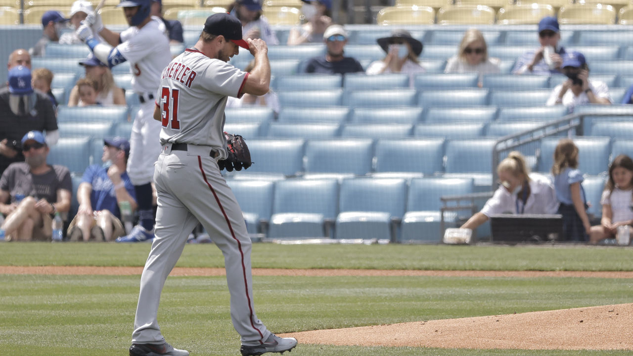 LOS ANGELES, CALIFORNIA - APRIL 11: Max Scherzer #31 of the Washington Nationals in between pitches during the second inning against the Los Angeles Dodgers at Dodger Stadium on April 11, 2021 in Los Angeles, California. The Los Angeles Dodgers won, 3-0.