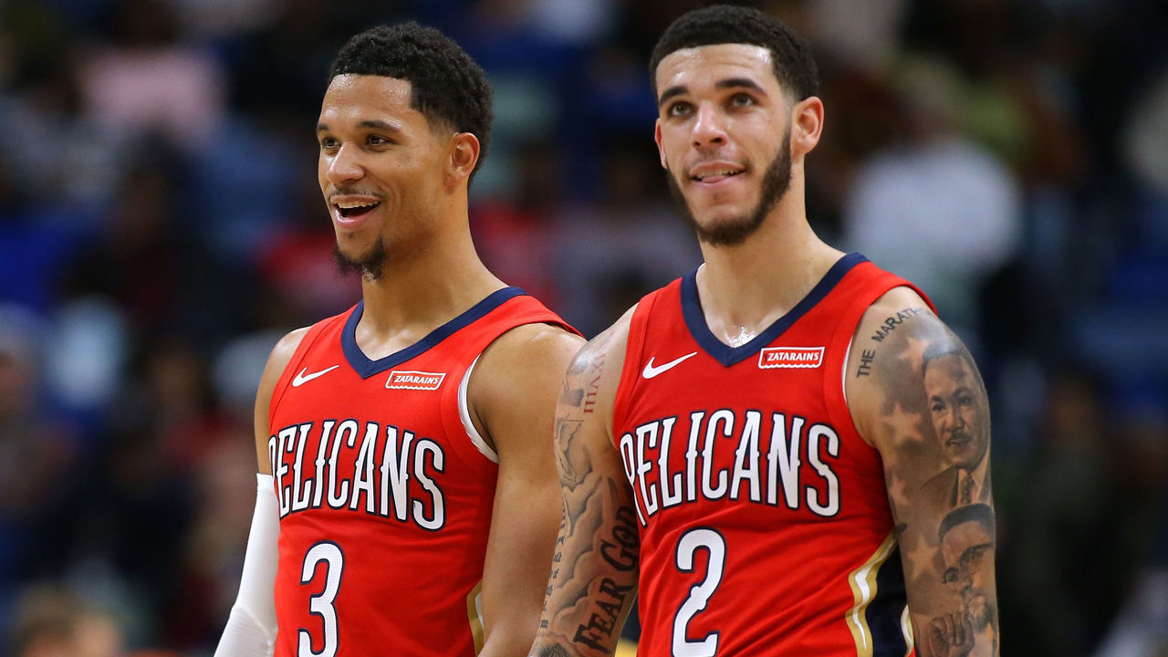 NEW ORLEANS, LOUISIANA - OCTOBER 31: Josh Hart #3 of the New Orleans Pelicans and Lonzo Ball #2 react during a game against the Denver Nuggets at the Smoothie King Center on October 31, 2019 in New Orleans, Louisiana.
