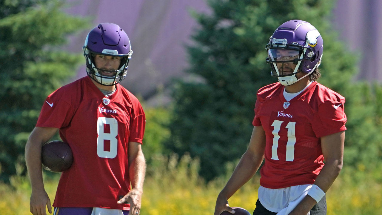 EAGAN, MN - JUNE 15: Minnesota Vikings quarterback Kirk Cousins (8) and Minnesota Vikings quarterback Kellen Mond (11) chat during Vikings Minicamp on June 15, 2021 at Twin Cities Orthopedics Performance Center in Eagan, Minnesota.
