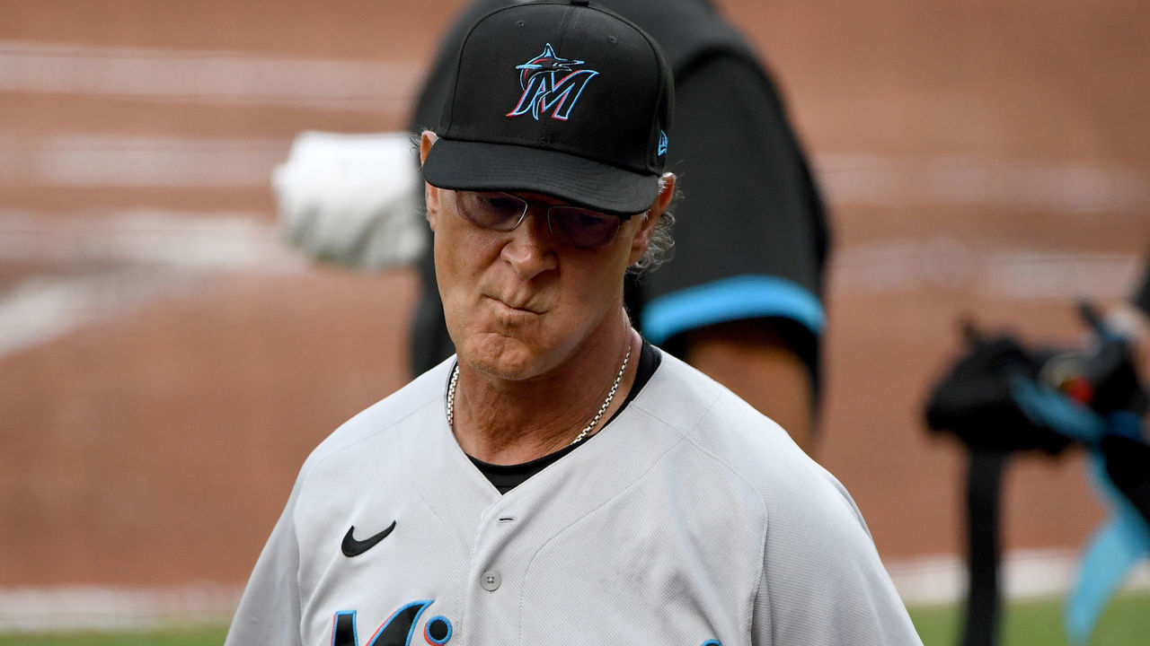 BALTIMORE, MARYLAND - JULY 28: Manager Don Mattingly #8 of the Miami Marlins reacts after a play against the Baltimore Orioles during the first inning at Oriole Park at Camden Yards on July 28, 2021 in Baltimore, Maryland.