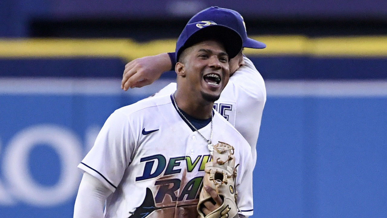 ST PETERSBURG, FLORIDA - JULY 31: Wander Franco #5 of the Tampa Bay Rays reacts after defeating the Boston Red Sox by a score of 9 to 5 at Tropicana Field on July 31, 2021 in St Petersburg, Florida.