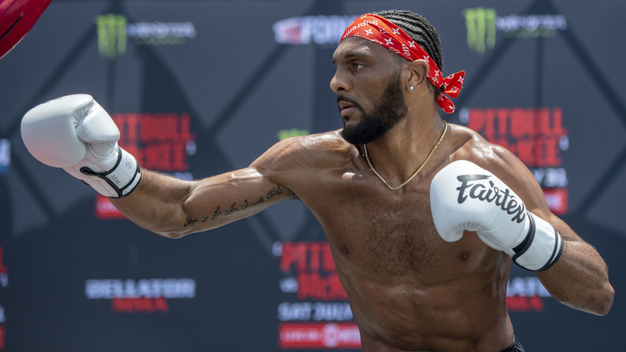 Inglewood, CA - July 22: AJ McKee during the Bellator 263 open workout at The Forum in Inglewood, Thursday, July 22, 2021. The card features the $1 million featherweight title fight between McKee and champion Patricio "Pitbull" Freire on July 31 at The Forum.