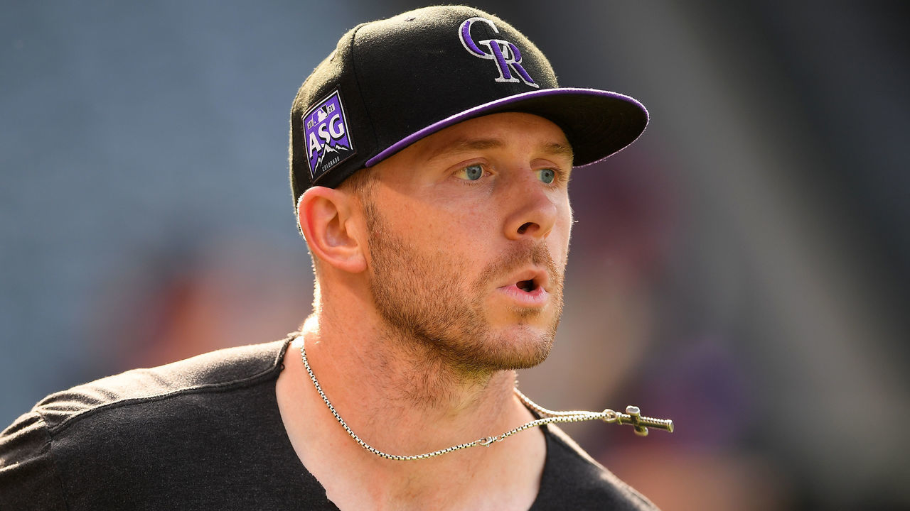 ANAHEIM, CA - JULY 26: Trevor Story #27 of the Colorado Rockies warms up before the game against the Los Angeles Angels at Angel Stadium of Anaheim on July 26, 2021 in Anaheim, California.